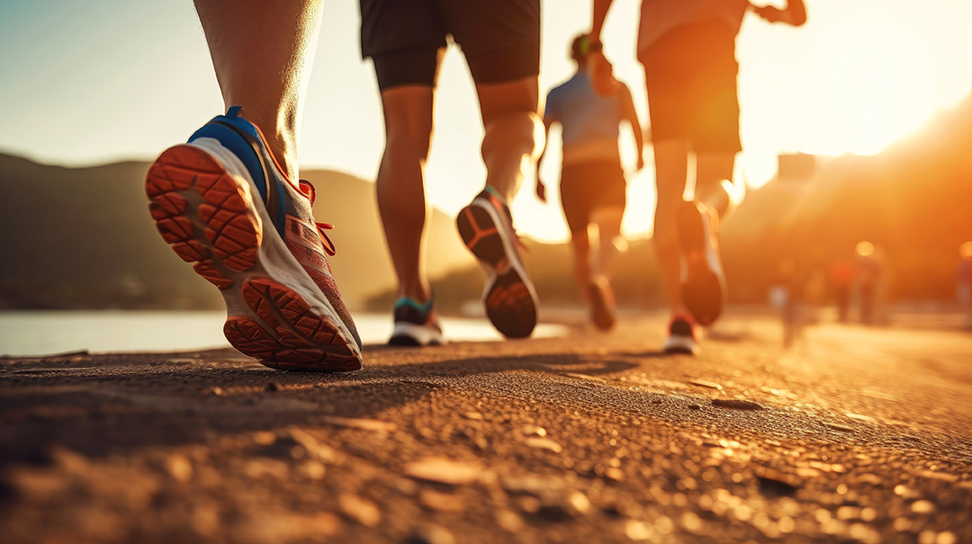 Close up photo of people running.