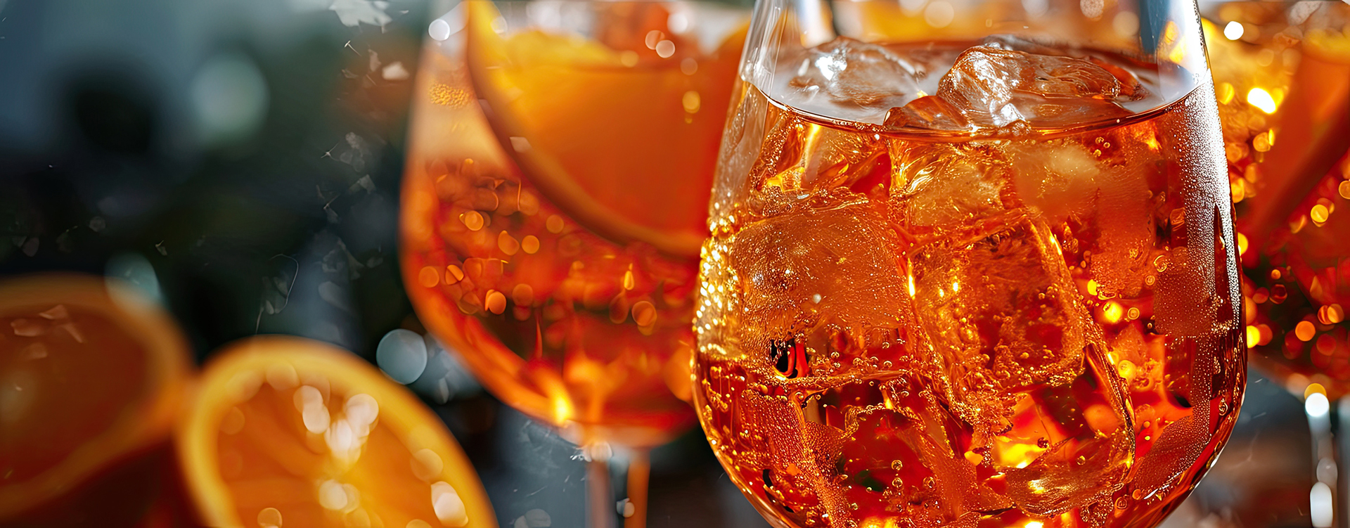 a close up of a glass of orange juice with ice cubes .