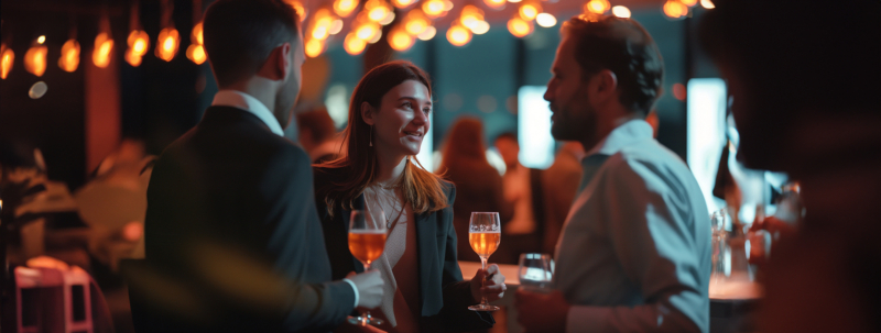 A group of professionals networking at a business conference cocktail hour.