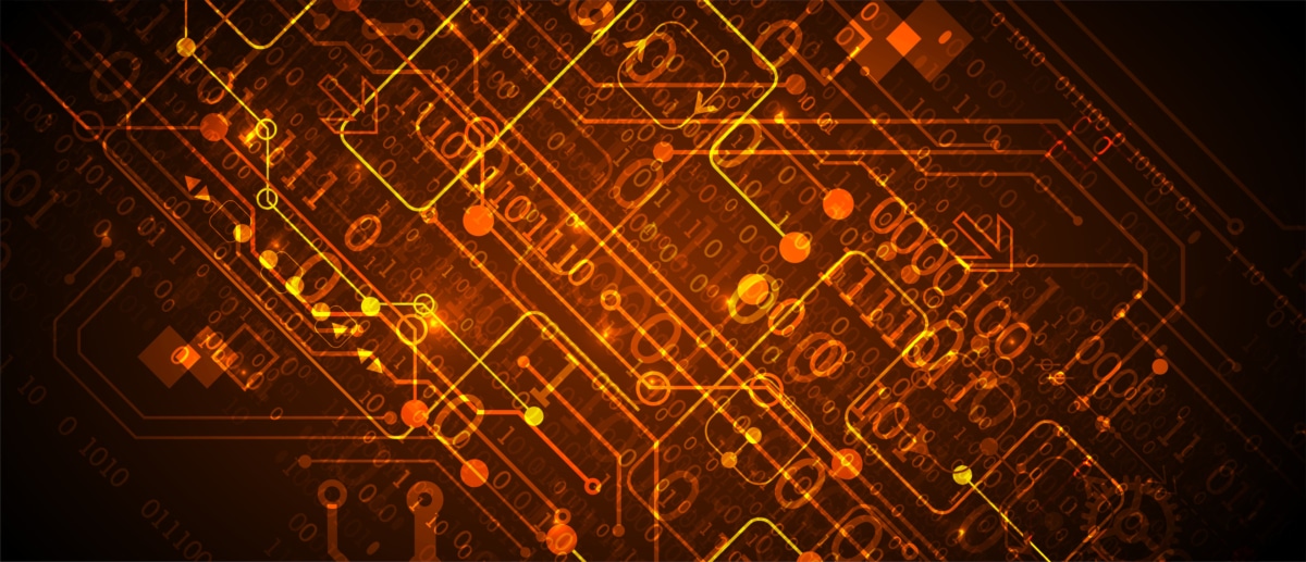 a computer circuit board with binary numbers on it