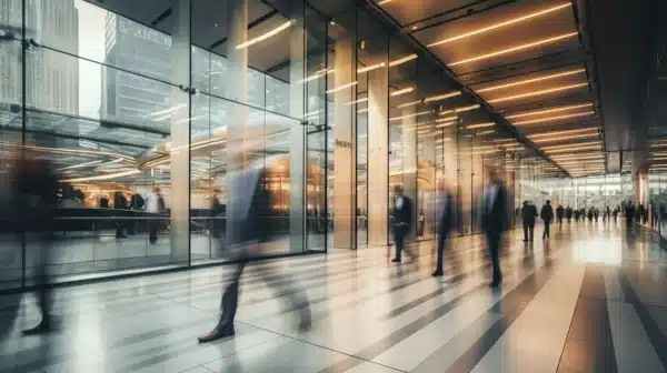 a blurry picture of a group of people walking in a building