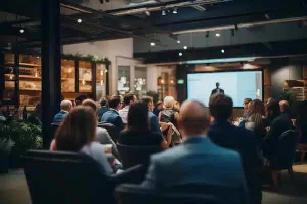 a group of people are sitting in a room watching a presentation