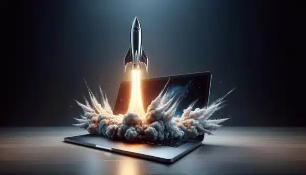 a rocket is flying out of a laptop computer .